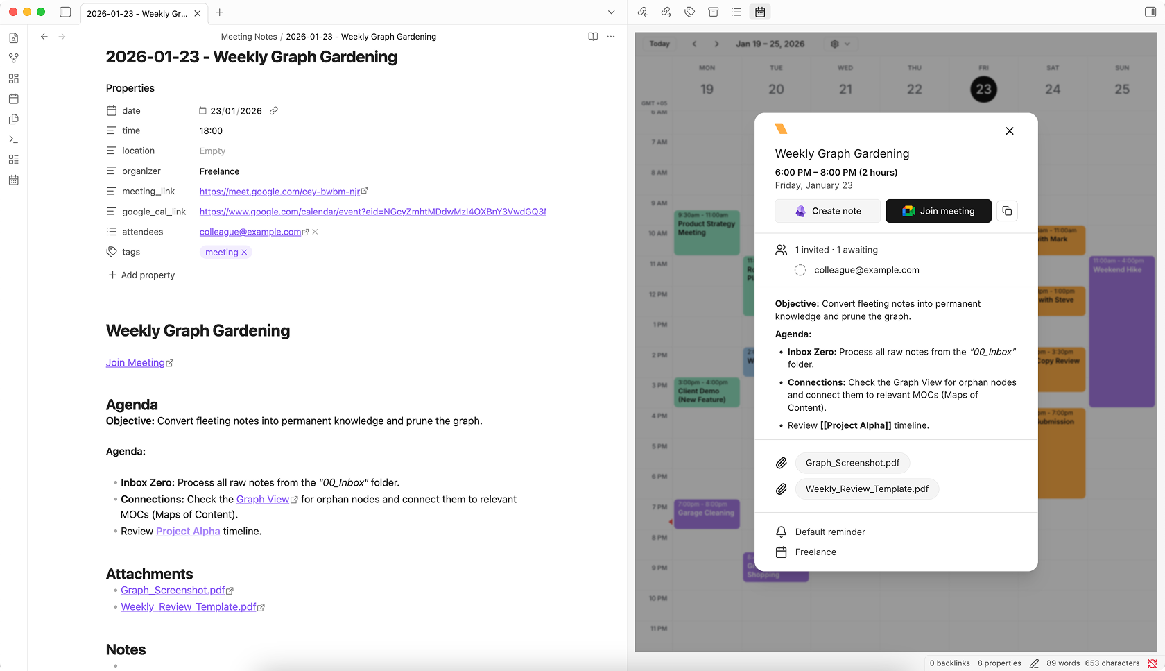 Viewday Obsidian Plugin showing side-by-side Google Calendar and meeting notes